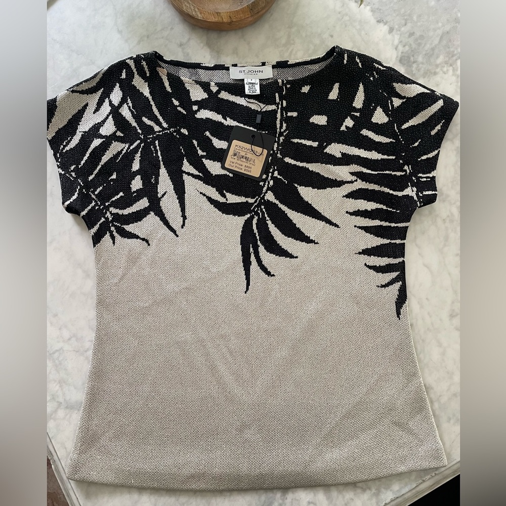 ST. JOHN EVENING KNIT TOP Caviar/Gold Shimmer BLACK SZ P NEW DESIGNER